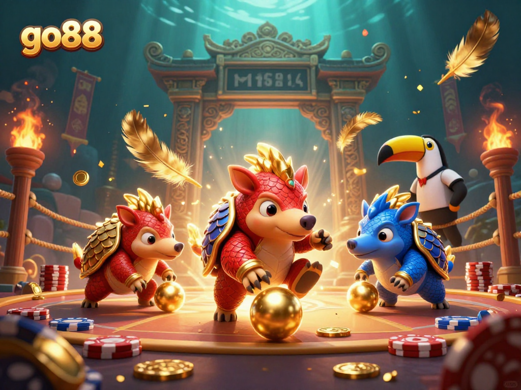 Compete at go88 with rival pangolins in a vibrant casino showdown, surrounded by poker chips.