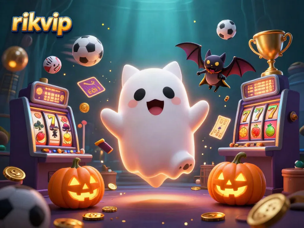 Experience thrilling jackpots and excitement at rikvip, featuring a ghost cat with dynamic casino symbols.