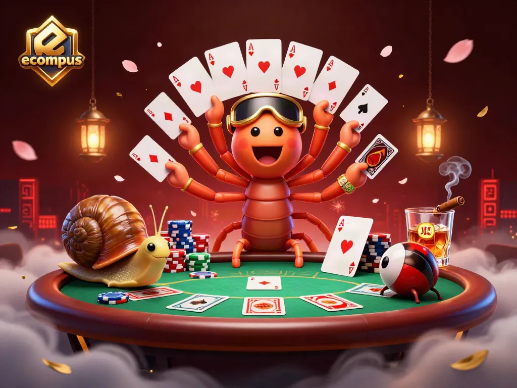ecompus animated casino scene with a millipede dealer and colorful poker elements.
