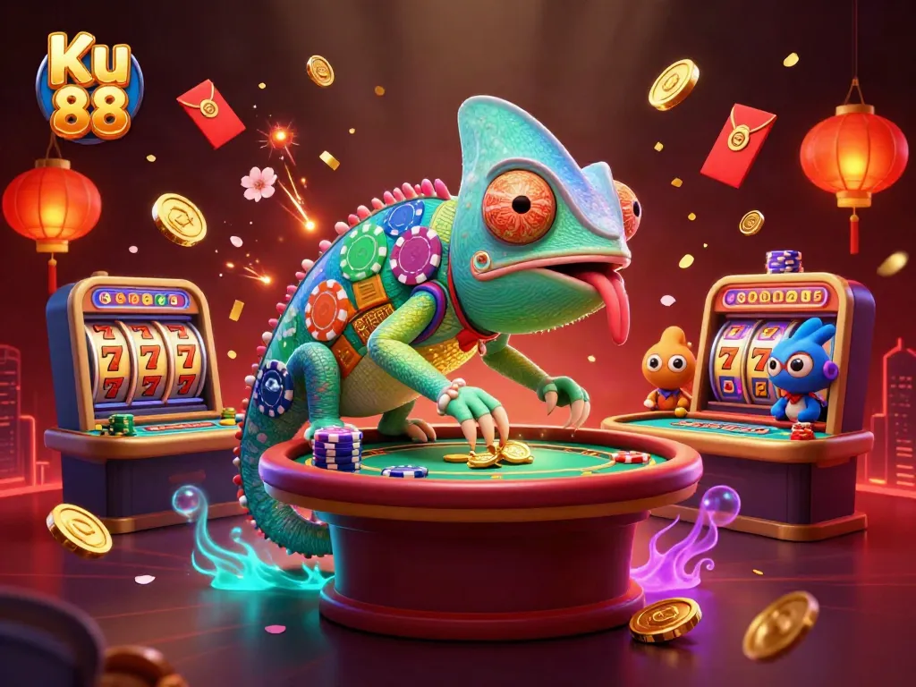 Engage with Ku 88's vibrant casino scene featuring a chameleon owner expertly managing dynamic games.