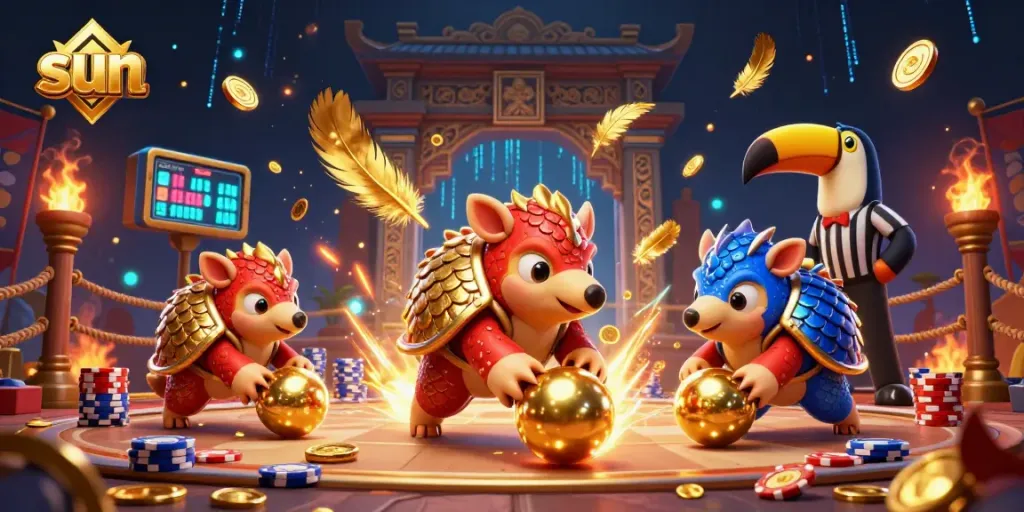 Engage in thrilling gambling action as sun-themed pangolins roll through poker chips in an exciting casino scene.