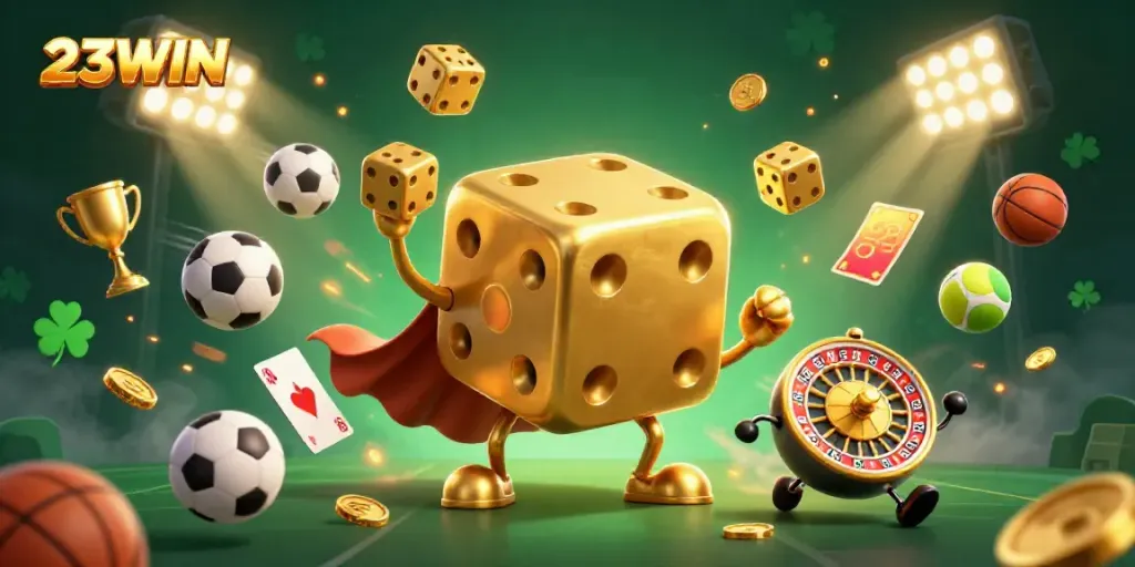 Experience thrilling gaming action with the vibrant 23WIN casino scene showcasing dynamic casino characters.