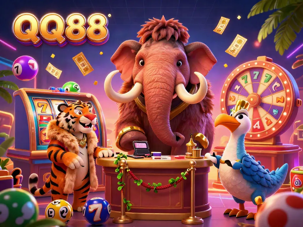 Experience vibrant gaming at QQ88, featuring dynamic characters and colorful casino elements.