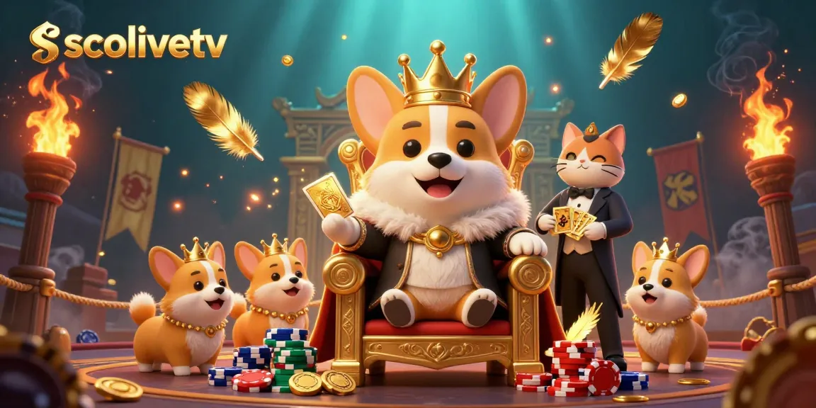 Engage with socolivetv in this vibrant 3D scene featuring a royal corgi gambling on poker chips.