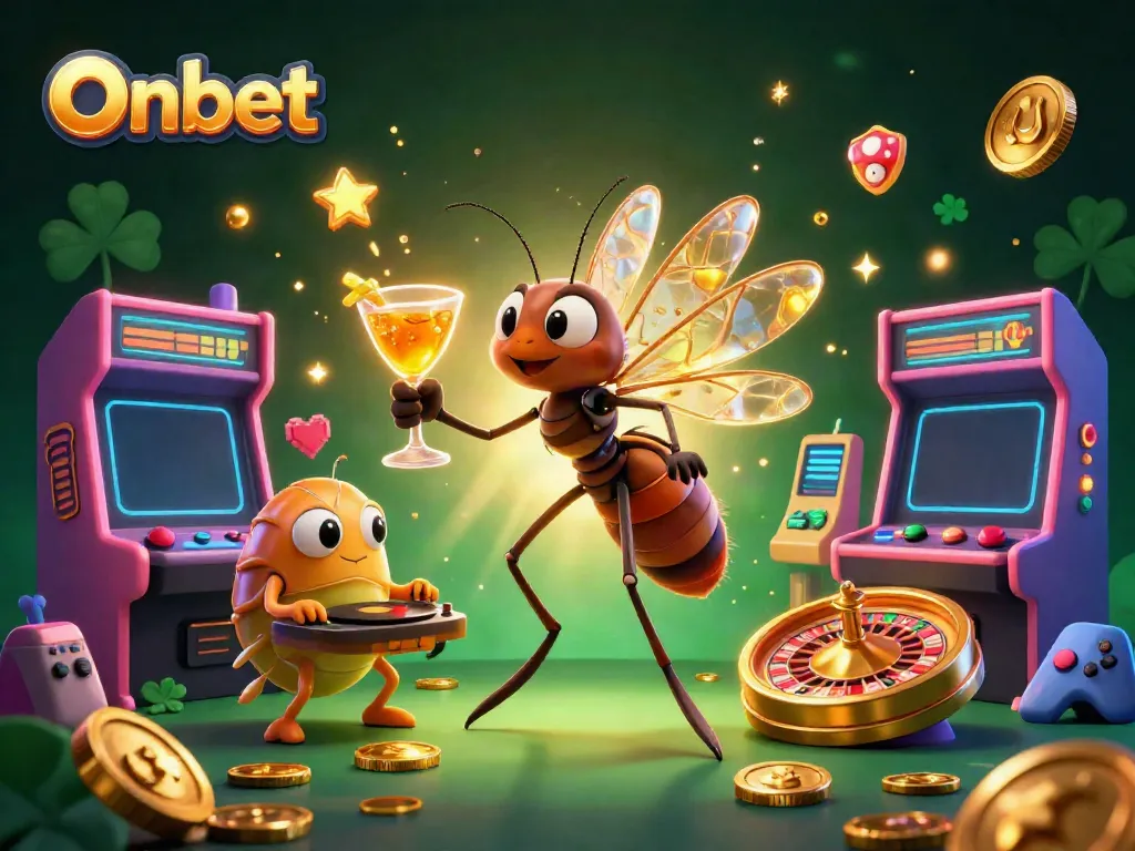 Join Onbet's mascot in a vibrant casino scene with games and sparkling elements.