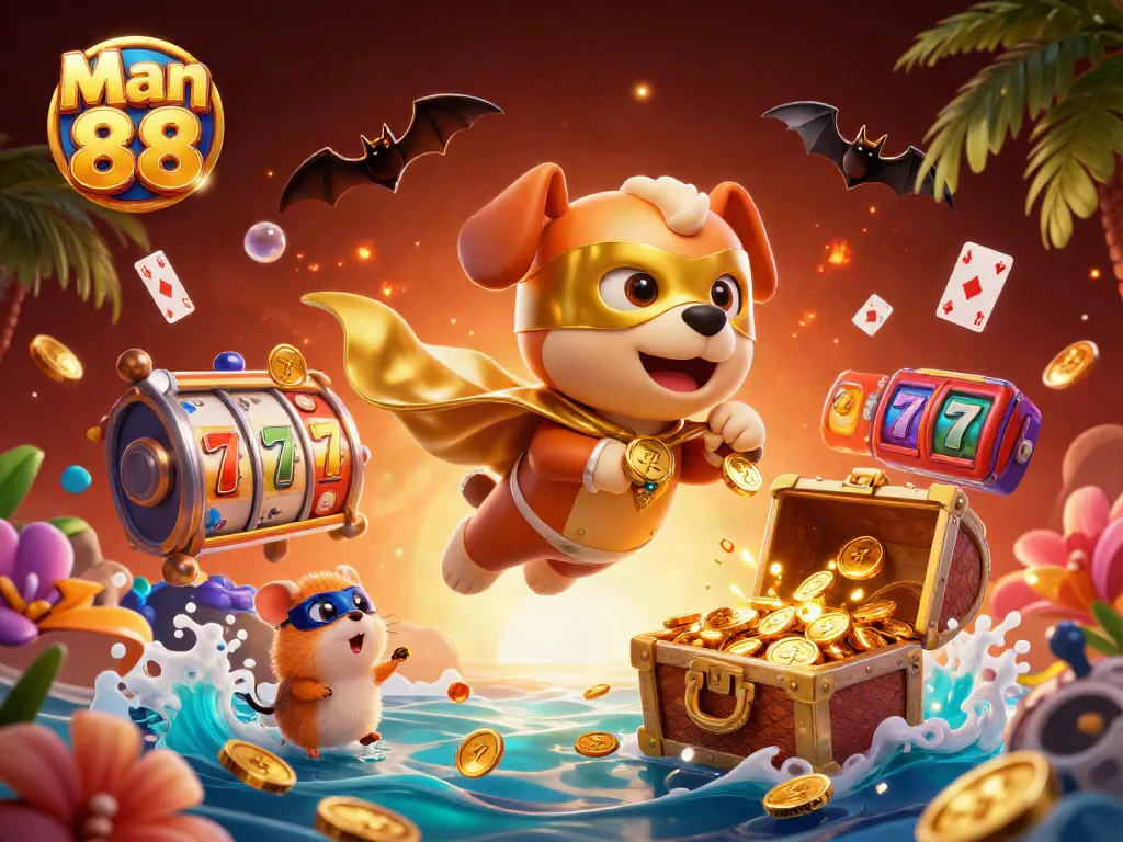 Win big with Man 88 while enjoying the excitement of slots and jackpots in a vibrant fantasy scene.