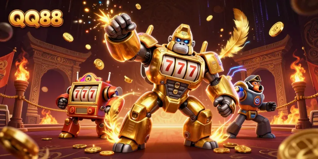 Experience thrilling gameplay at QQ88 with a dynamic golden gorilla mech and vibrant casino elements.