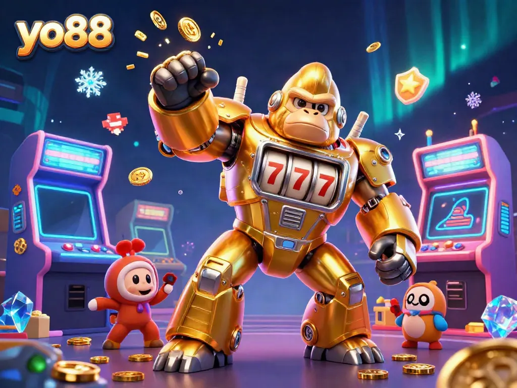 Experience the excitement of yo88 with vibrant 3D gambling elements and dynamic characters in this illustration.