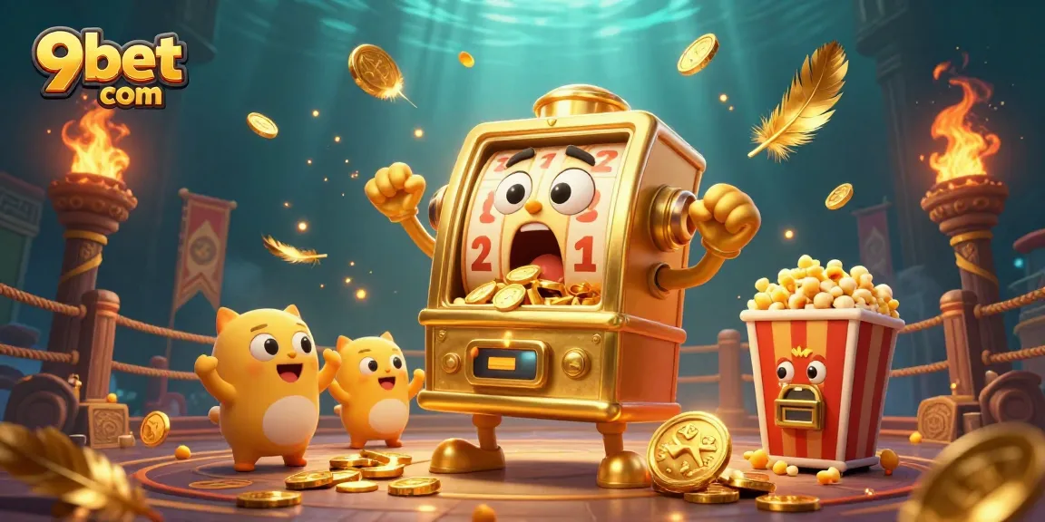 Experience the excitement of 9bet com with animated slot machines celebrating a jackpot in a vibrant casino scene.