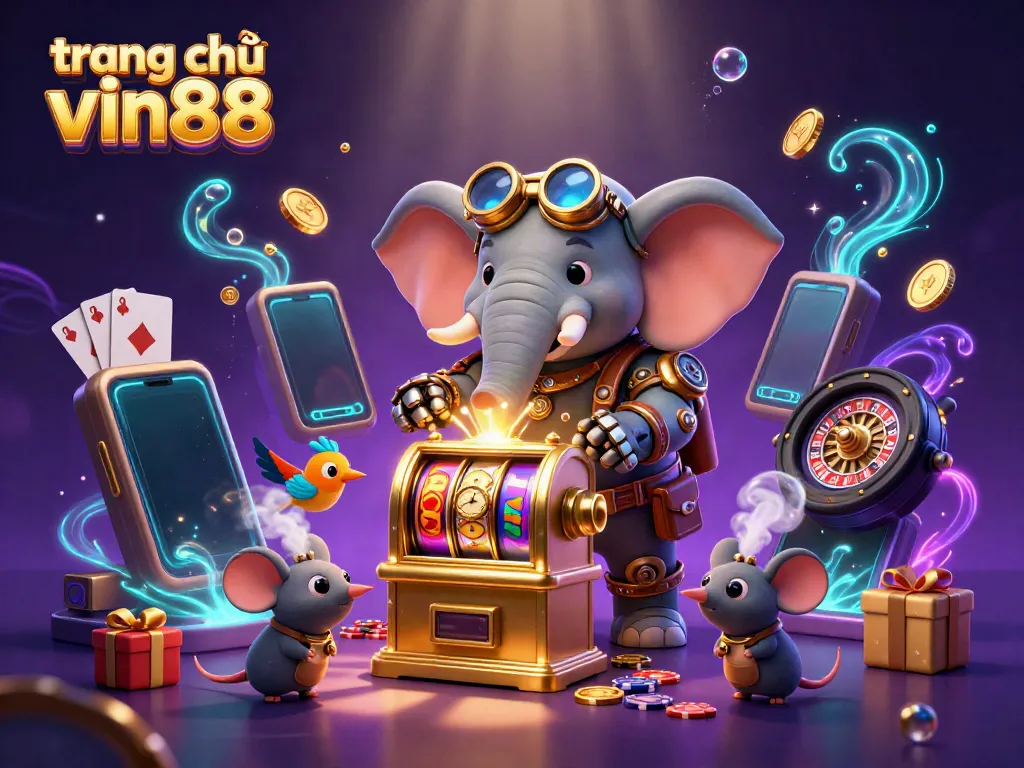 Spin the reels on trang chủ vin88 with an engaging 3D illustration of a steampunk elephant and casino elements.