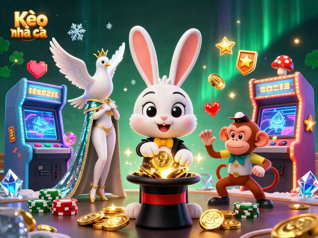 Kèo nhà cái delights as a magician rabbit conjures coins amid vibrant casino elements, engaging gamblers.