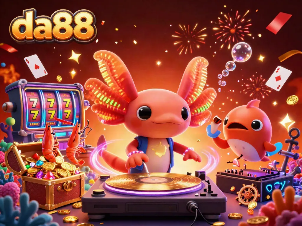 Engage in thrilling casino experiences at da88 with vibrant 3D characters, slot reels, and gold treasure.