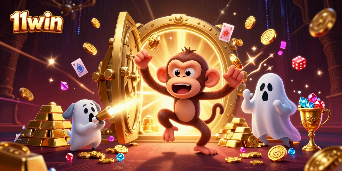 Experience thrilling moments at 11win with playful characters in a haunted casino scene.