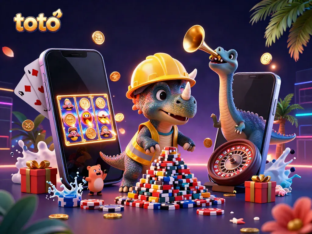 Experience vibrant gameplay with toto as cartoon dinosaurs celebrate winning casino chips