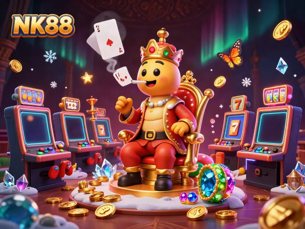 Experience excitement with NK88 as a caterpillar hookah-master interacts with vibrant slot machines and golden coins.