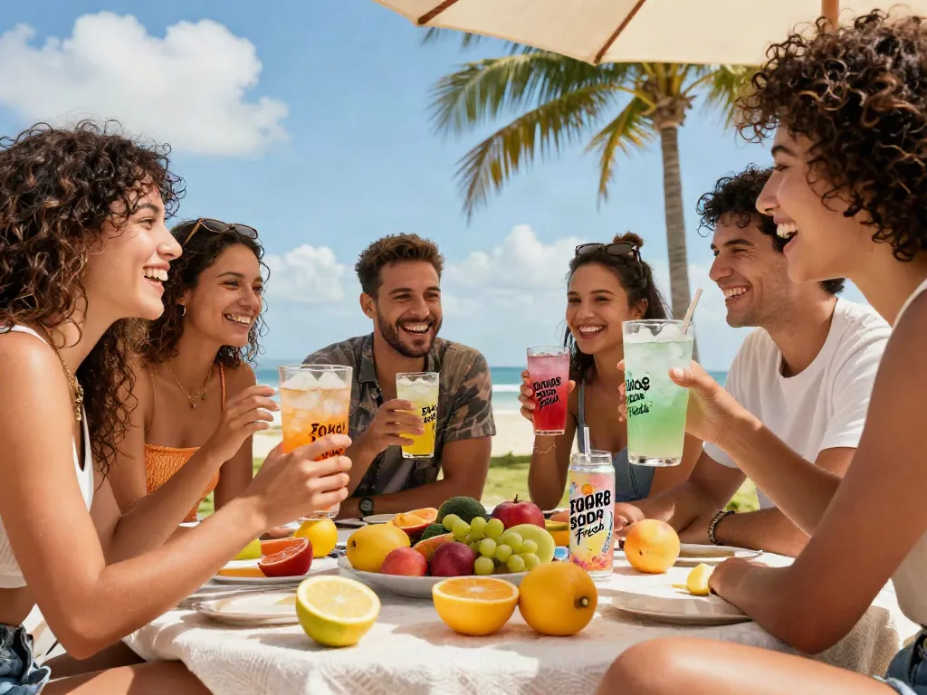 Friends enjoying rokok88 soda fresh outdoors during summer picnic.