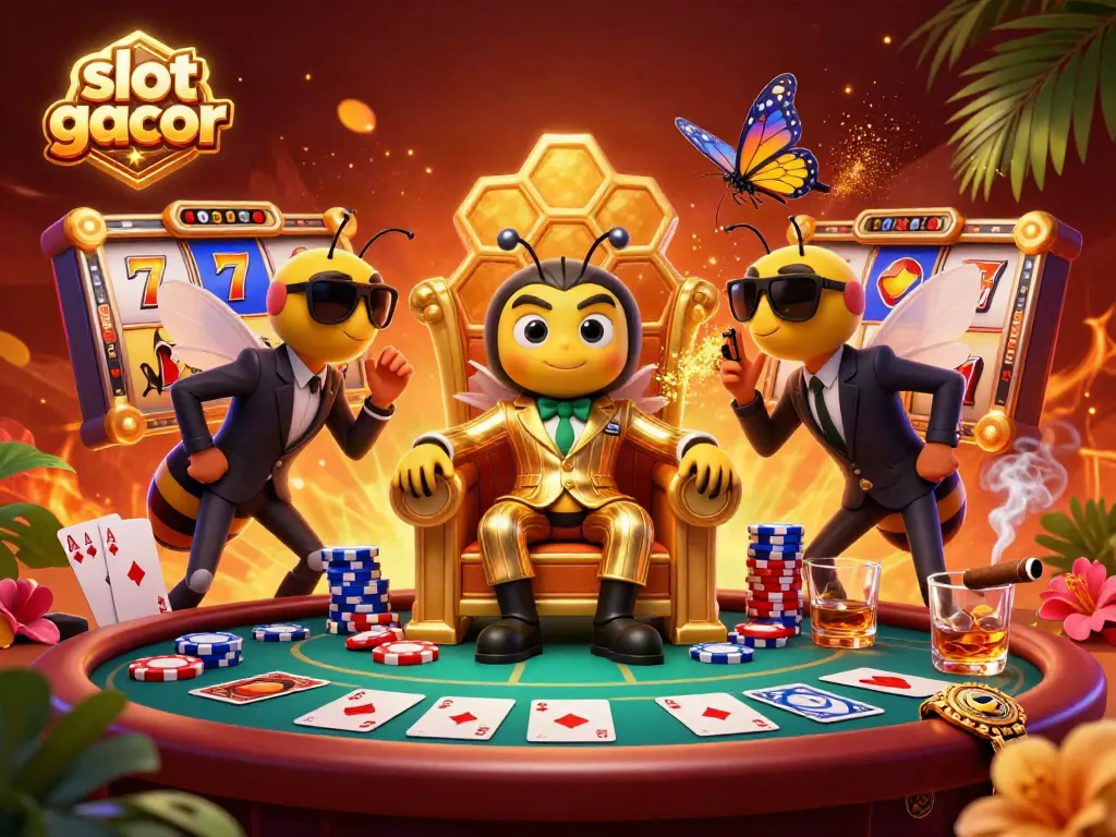 Experience vibrant slot gacor action with cartoon characters, colorful poker chips, and dynamic symbols.