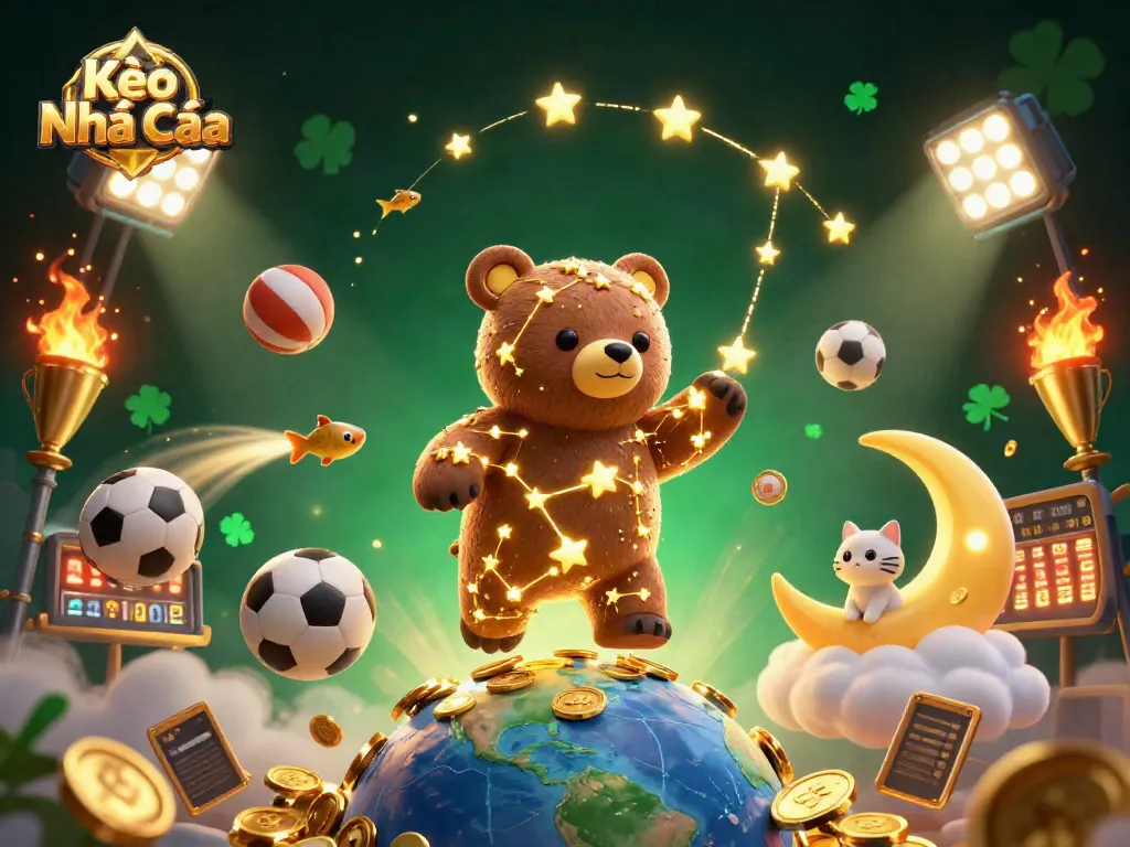 Experience Kèo Nhà Cái with a vibrant scene featuring stars and sports elements dynamically represented in 3D.