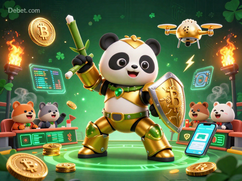 Engage in thrilling sports betting at Debet. com with exciting animated elements and golden panda characters.