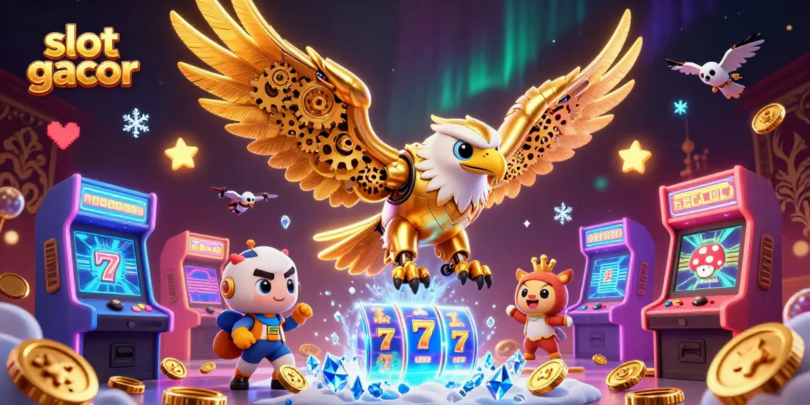 Engage with slot gacor as a cybernetic golden eagle dives through slot reels in a vibrant casino scene.