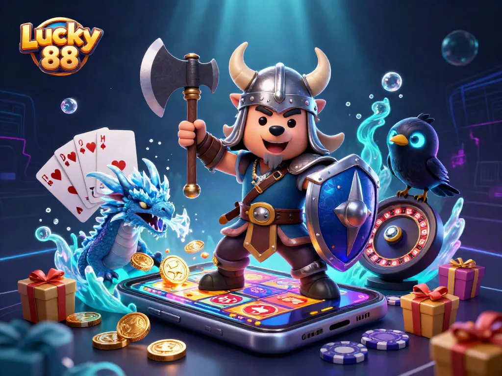 Spin to win in the vibrant Lucky 88 slot adventure with Viking warrior in action.