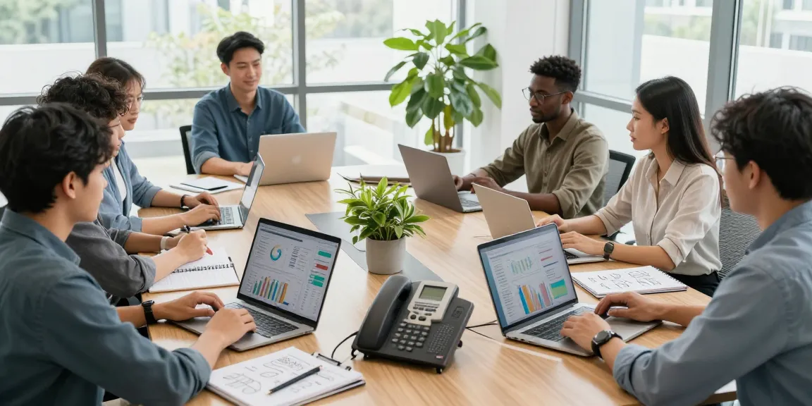 Office business phone systems in a modern conference room with a diverse team collaborating on business strategy.