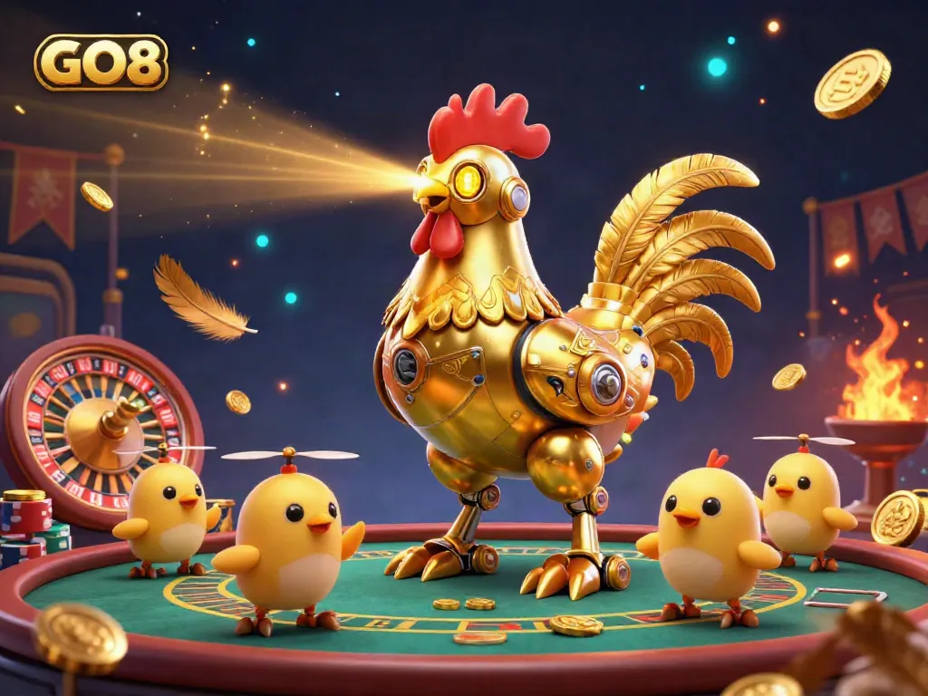 GO8 features a golden rooster robot with chick drones amid a live casino ambiance, emphasizing thrilling gaming action.