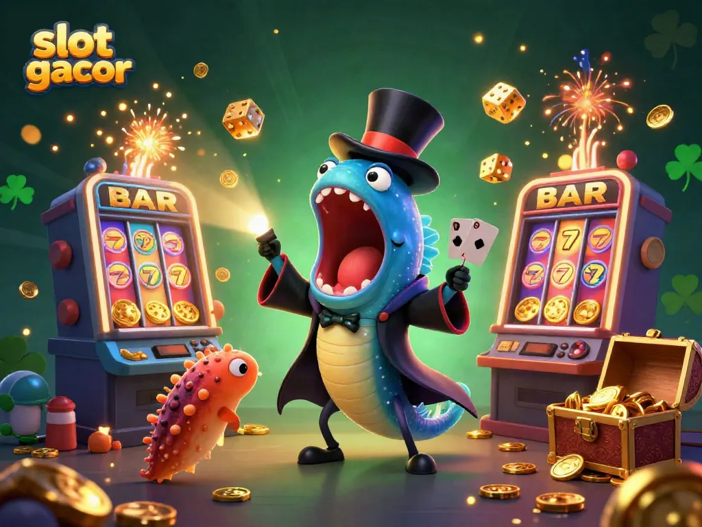 Engaging casino scene featuring slot gacor characters surrounded by vibrant elements like jackpots and golden dice.