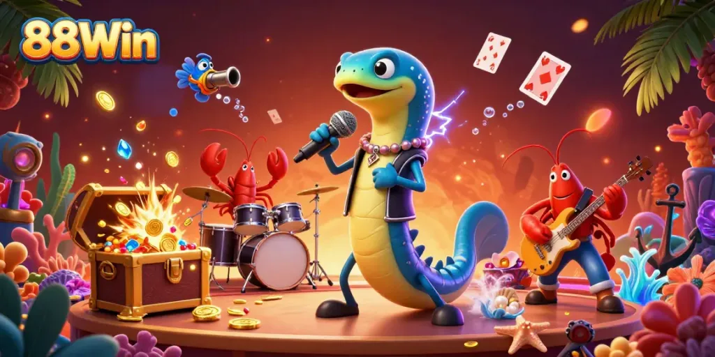 88Win highlights an underwater casino scene with electric eel DJ, creating an electrifying gaming atmosphere.