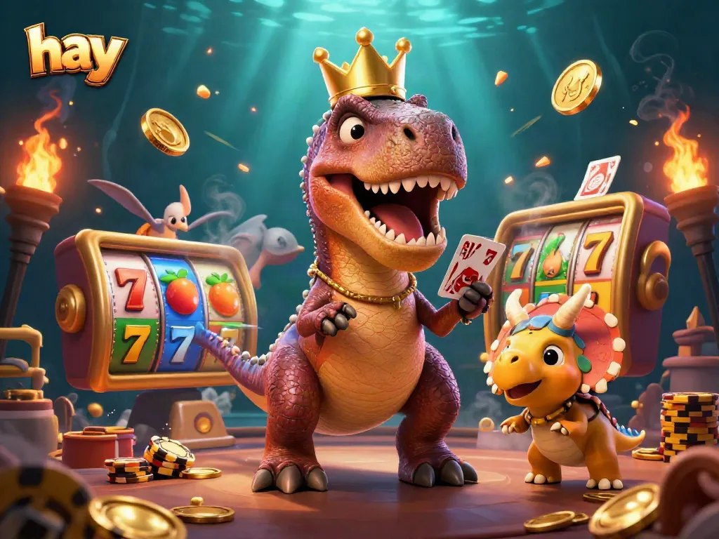 Engage with hay-themed slots featuring whimsical T-Rex, pterodactyl, and triceratops in a vibrant casino scene.