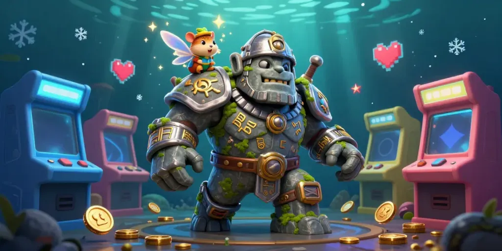 Bầu cua 789club showcases an enchanting illustration of a stone golem, fairy, and hamster knight amidst vibrant gaming elements.