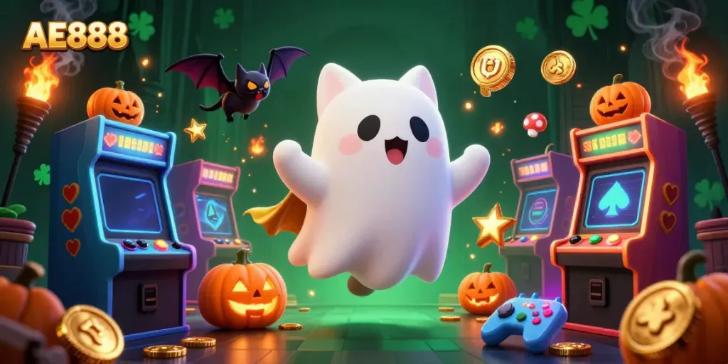Experience thrilling AE888 gaming with a ghost cat and bat in a vibrant casino scene.