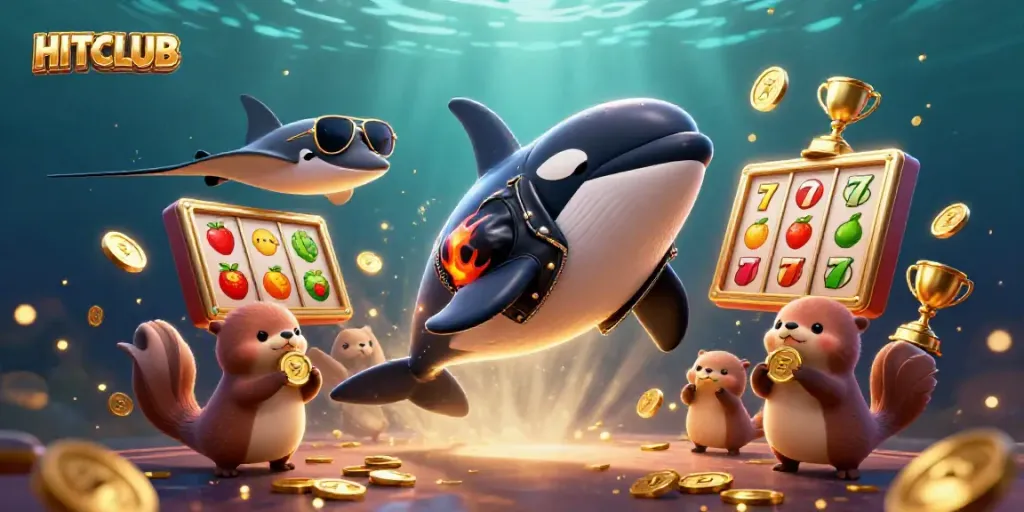 Spin the reels at HITCLUB as an orca celebrates with sea otters and a stingray in a vibrant casino scene.