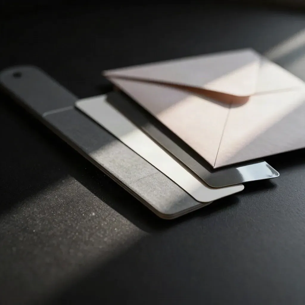 Graphite PPC kit with swatches and envelope sliding through dramatic low light on black surface.