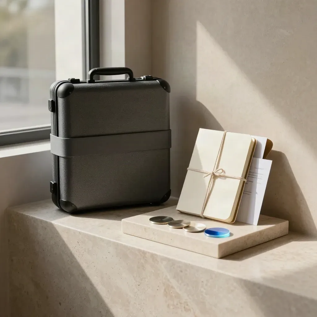 Luxury launch bundle on a stone plinth with case, rolled board, wrapped notebook and sample chips.