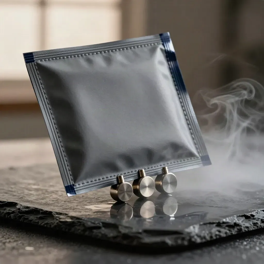 Sealed audit pack, calibration tokens and metal spacer hovering above wet slate with mist