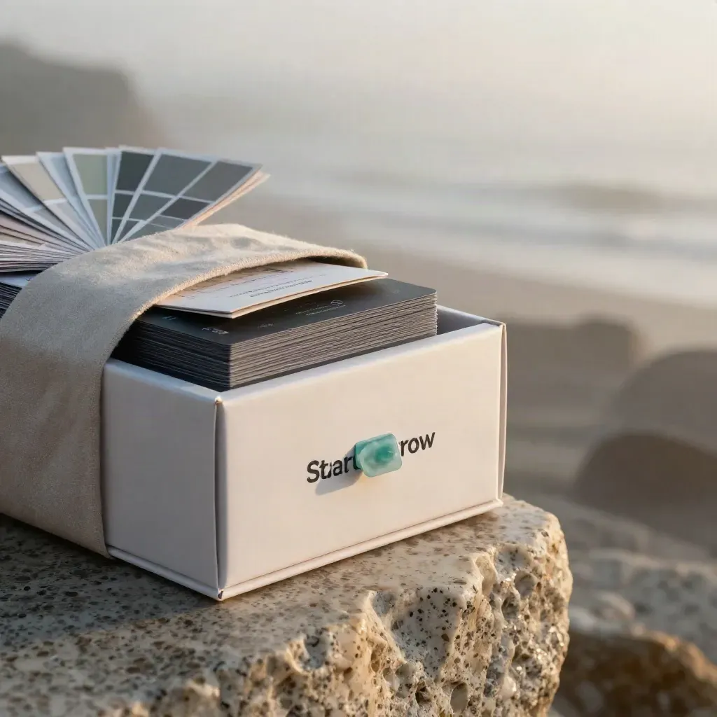 Matte presentation box, charcoal cards, swatch fan and booklet on rain-damp travertine at dawn.