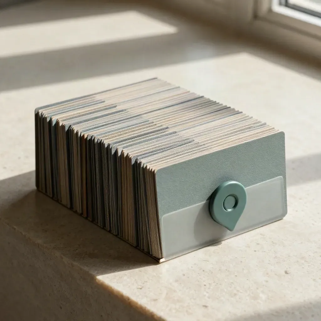 Overhead fan of blank SEO cards, tabs and a teal marker token on pale limestone.