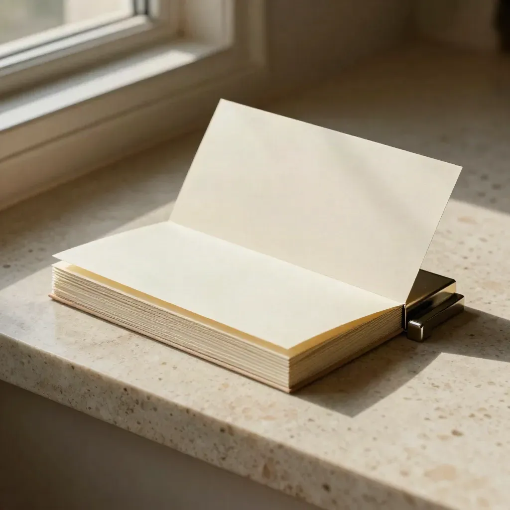 Cream copy kit nestled in linen, blank cards and a metal paperweight in soft side light.