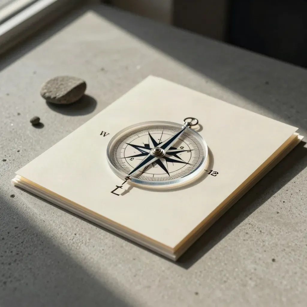 Layered acetate brand map with disc and stone chip on concrete, lit with soft shadows.