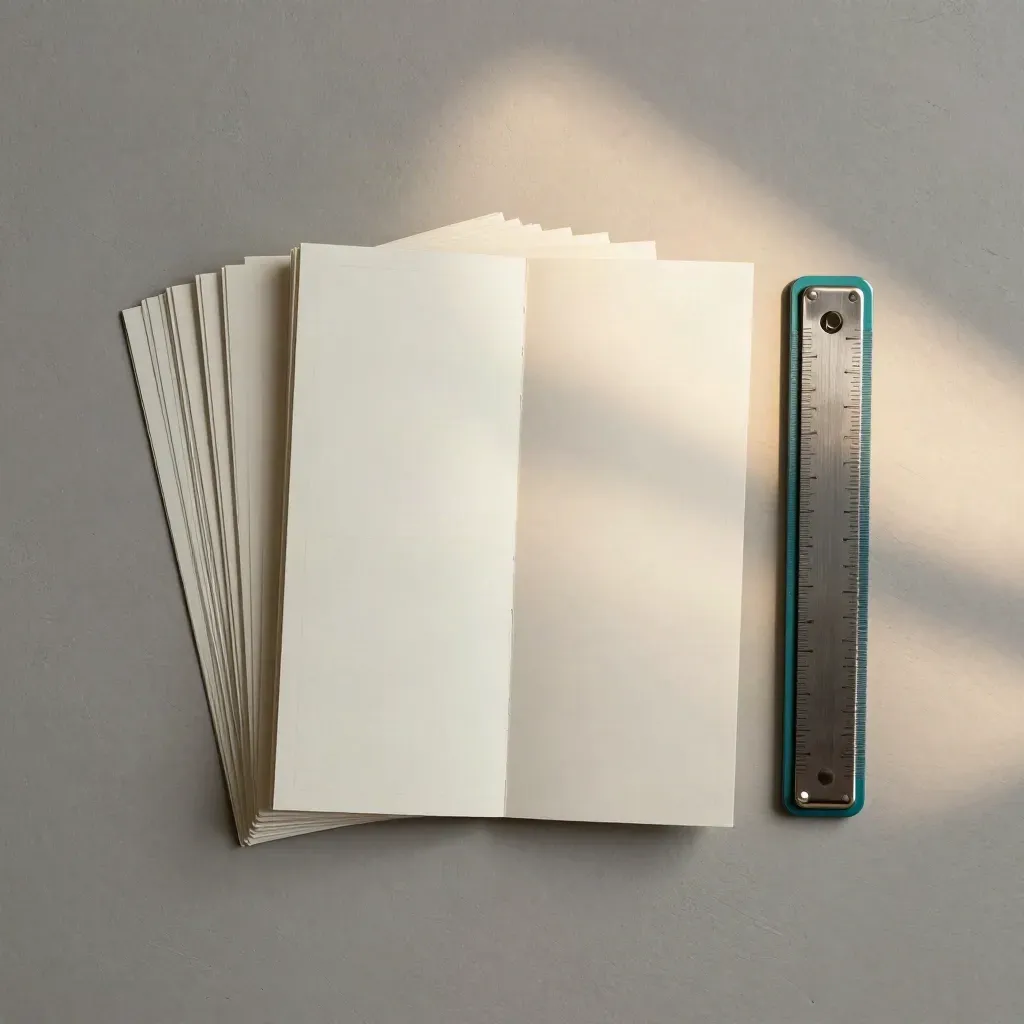 Flatlay of social content pack cards, storyboard strip, and metal clips on warm plaster.