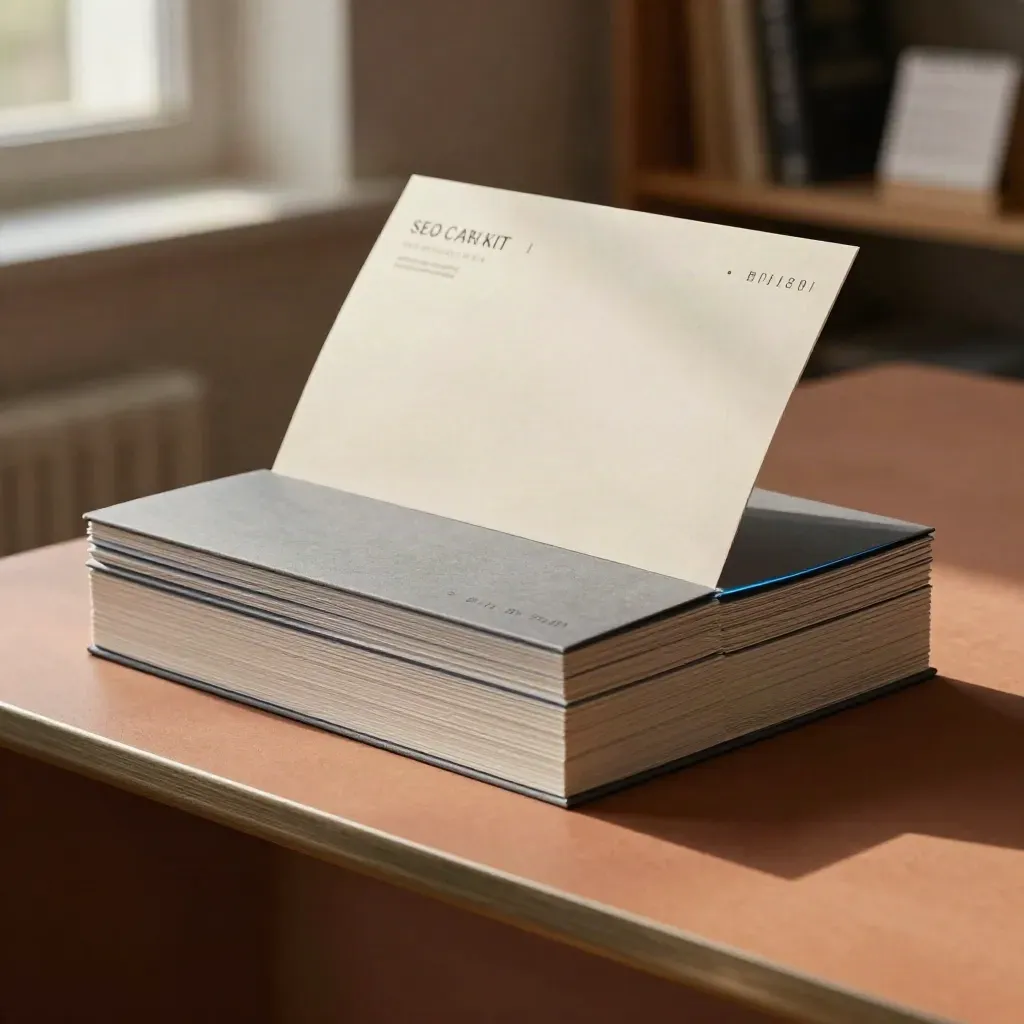 SEO care kit with stacked booklets, sealed folder and calendar block on a terracotta plinth.