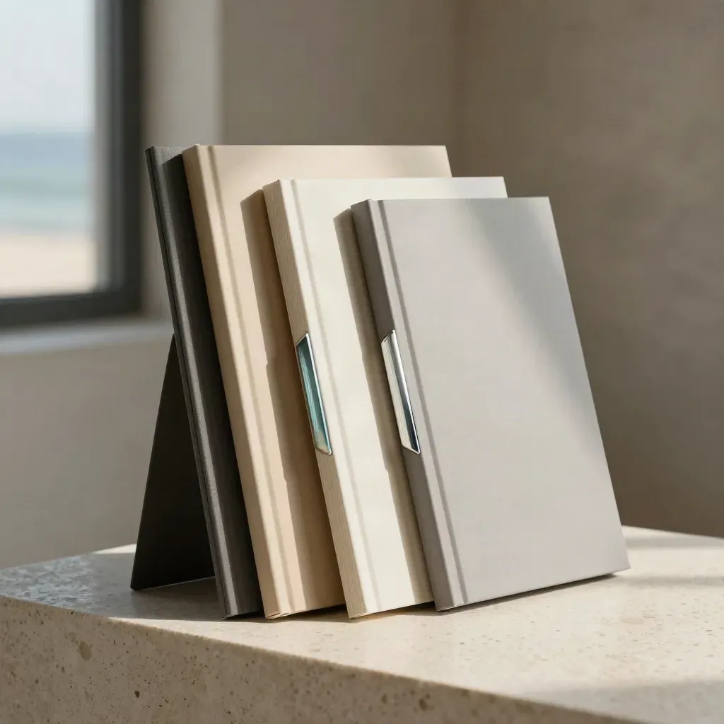 Luxury strategy folio bundle on travertine with soft sea-glass reflections and blurred studio backdrop