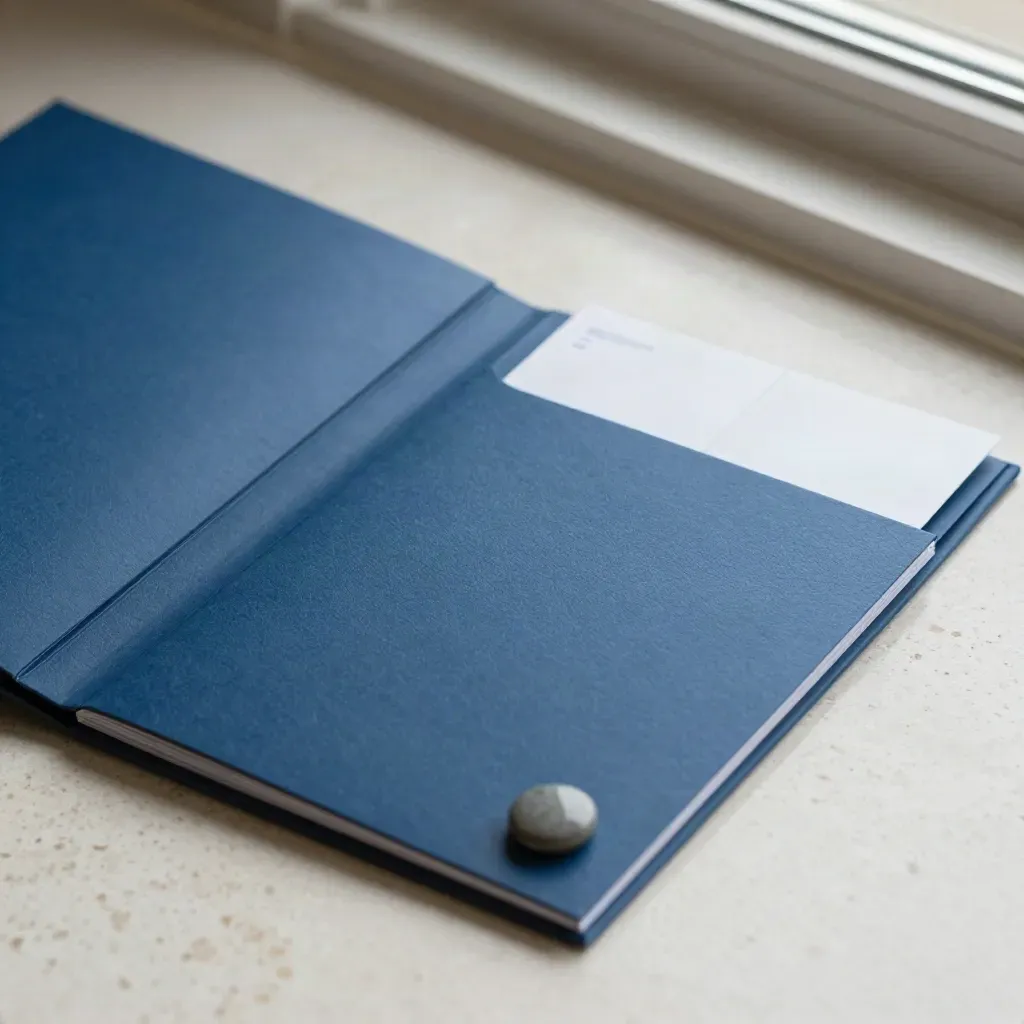 Coastal-blue folder with blank cards and a stone weight on pale travertine, lit from the side.