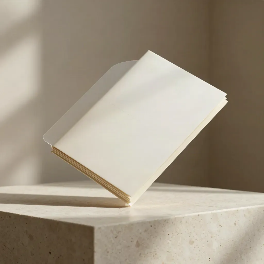 Layered website wireframe cards and a white folder hover above a pale stone plinth in soft studio light.