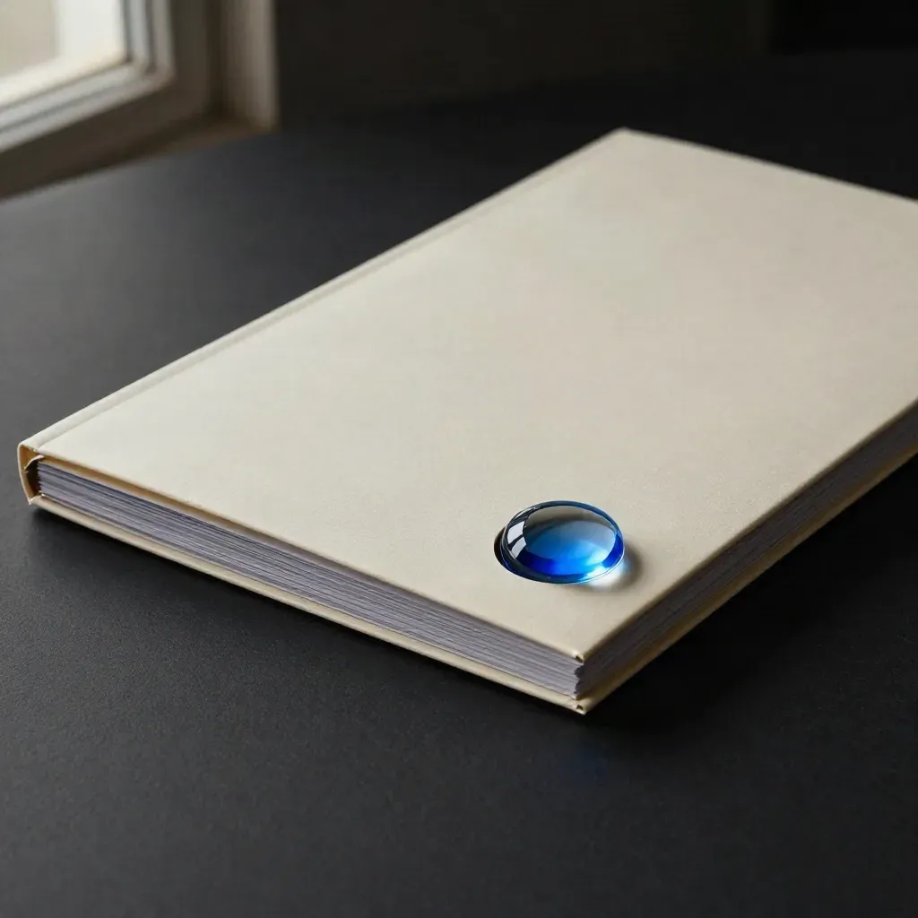 Sealed pale folder with tabbed inserts and a glass paperweight on a dark studio surface.