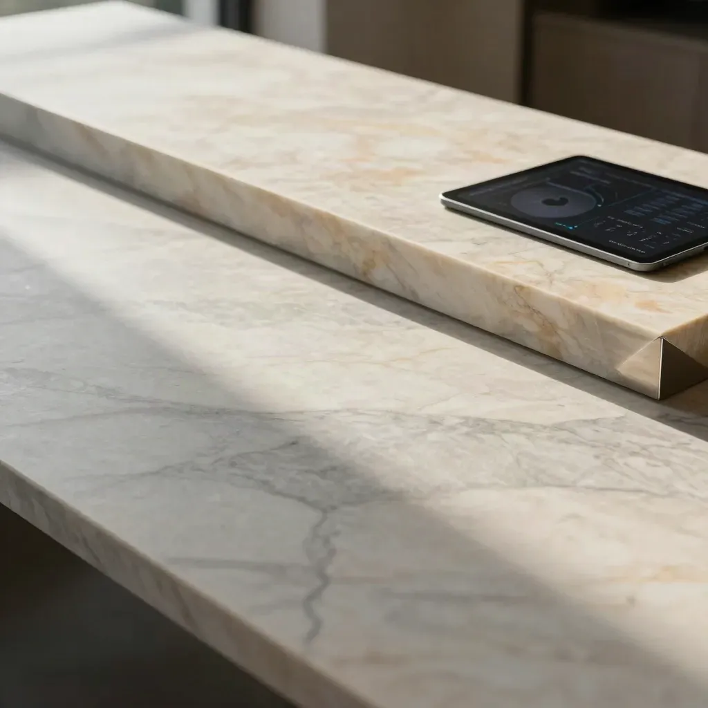 Marble SEO audit workspace with brushed metal accent and soft tablet glow