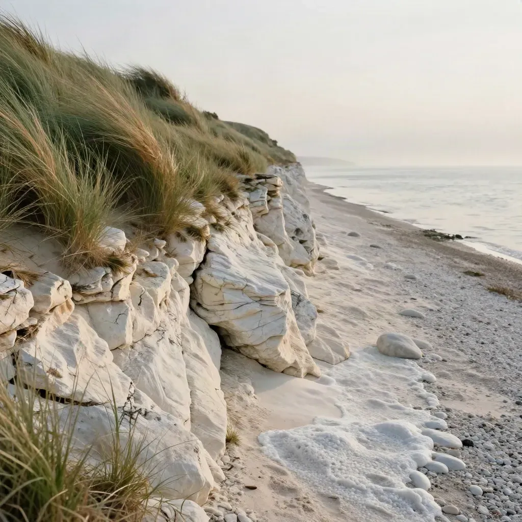 Pale cliff shore, dune grass and still water under soft coastal light.