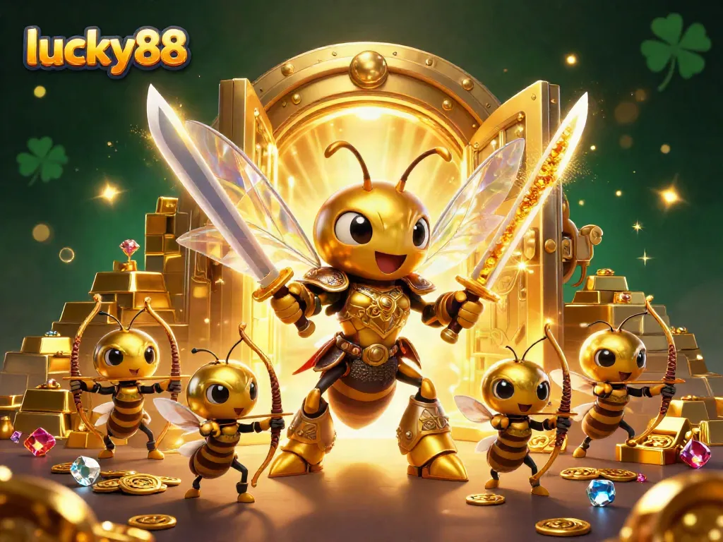 Win big with lucky88 as a golden hornet samurai leads a treasure-filled battle scene.