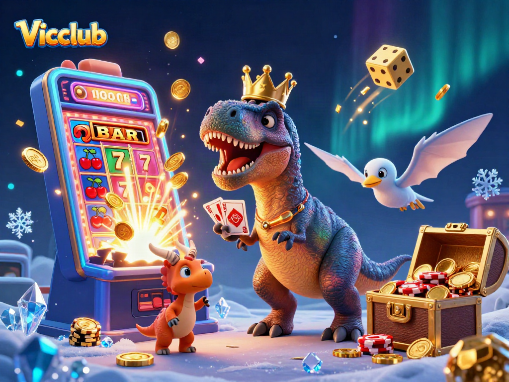 Vicclub T-Rex shuffling cards at a dynamic casino scene with exploding jackpots and colorful game elements.